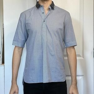 Lanvin Blue Popover Button Shirt with Knit Collar